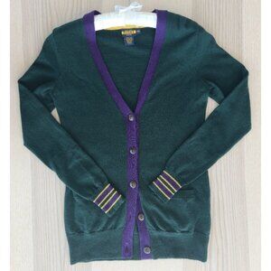 Rugby Ralph Lauren Green Cardigan with Purple Trim and Yellow Stripe Cuffs